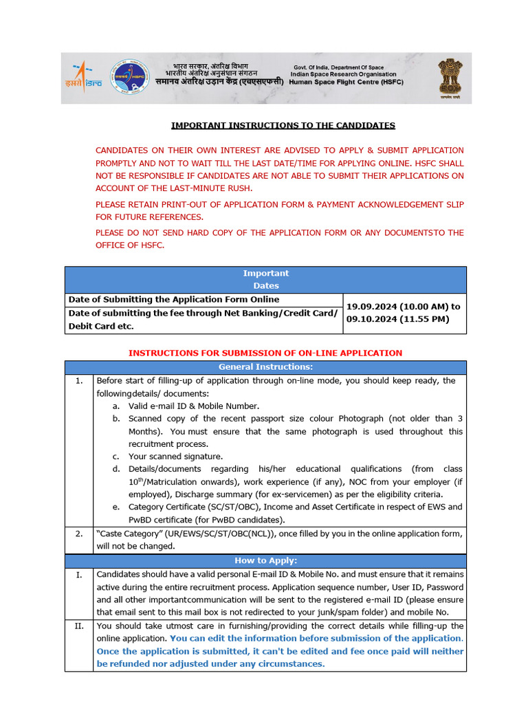Important Instructions To The Candidates: Instructions For Submission ...