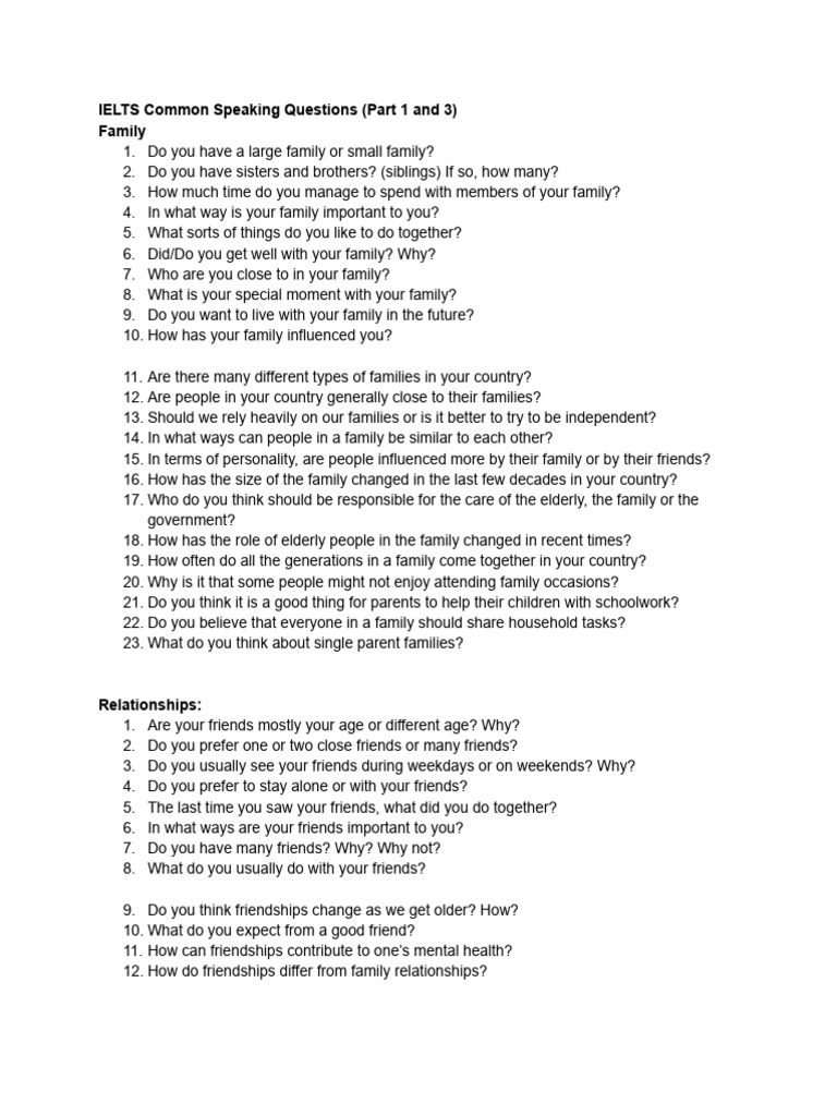 Ielts Common Speaking Questions Part 1 And 3 Pdf Family Meal