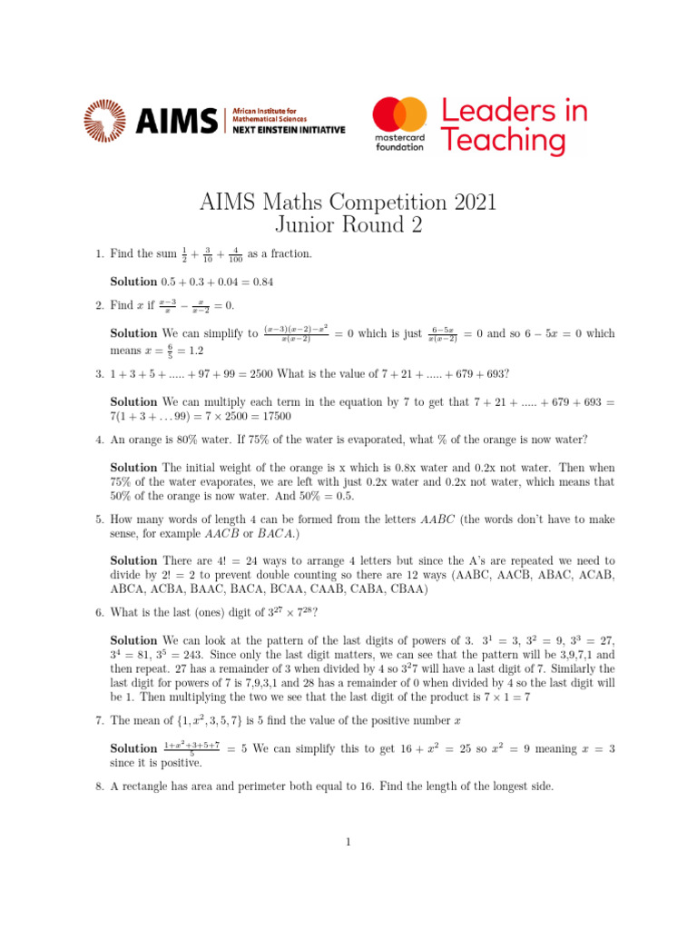 AIMS Maths Competition 2021: Junior Round 2 | PDF | Elementary ...