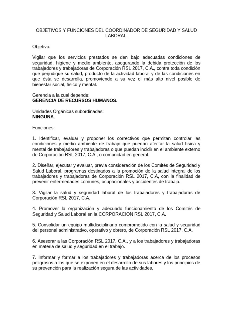 OBJETIVOS Y FUNCIONES DEL COORDINADOR DE SEGURIDAD Y SALUD LABORAL CF ...