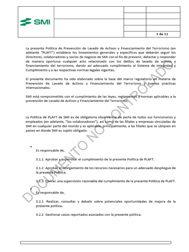 Política PLAFT: Prevención y Cumplimiento | PDF | Lavado de dinero