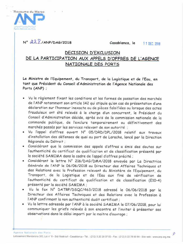 Décision D'exclusion SAMIMA Des AO de l'ANP | PDF