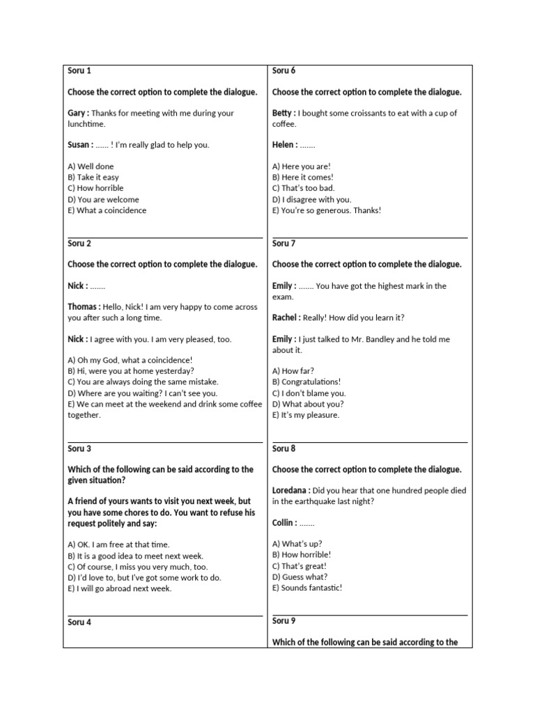 Dialogue Completion Exercises for English Learners | PDF
