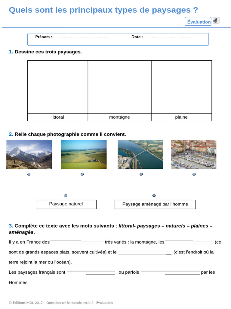 Évaluation des types de paysages CE2 | PDF | Montagnes | Géographie