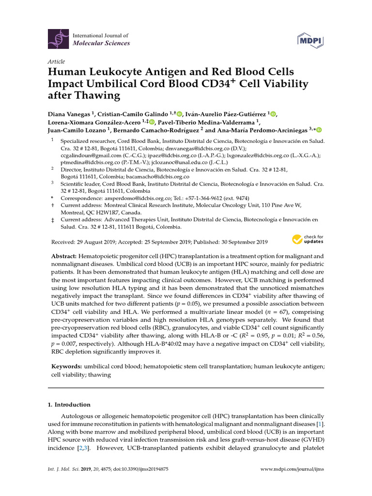 Human Leukocyte Antigen and Red Blood Cells Impact Umbilical Cord Blood ...