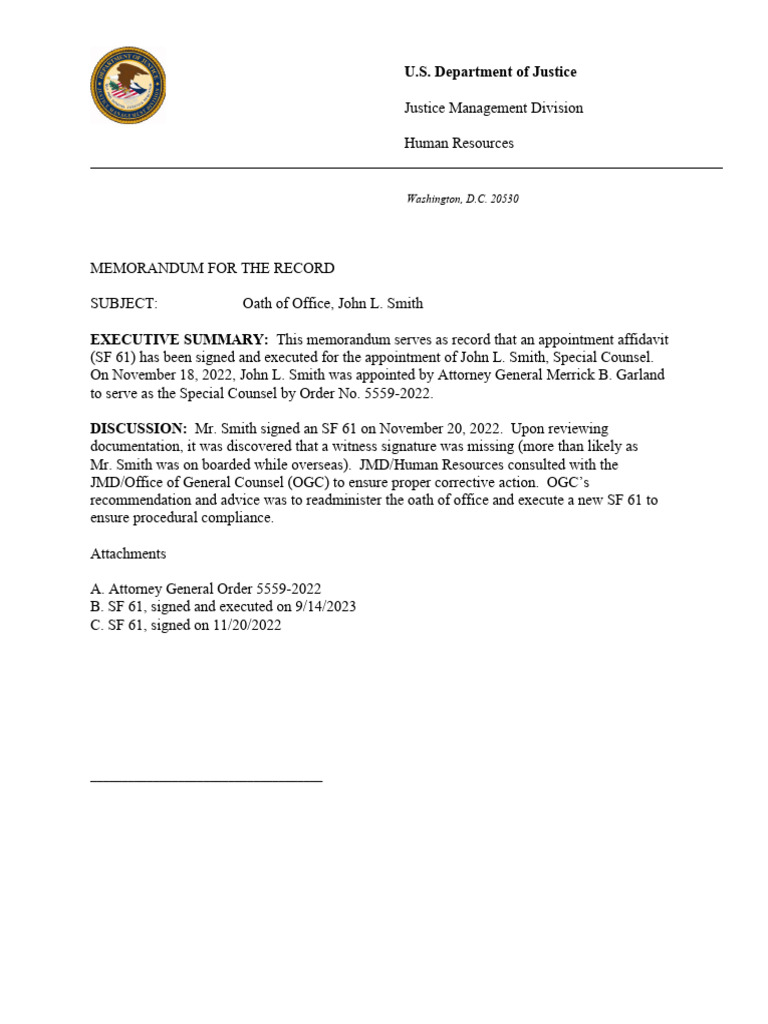 Appointment of John L. Smith as Special Counsel | PDF | Oath Of Office ...