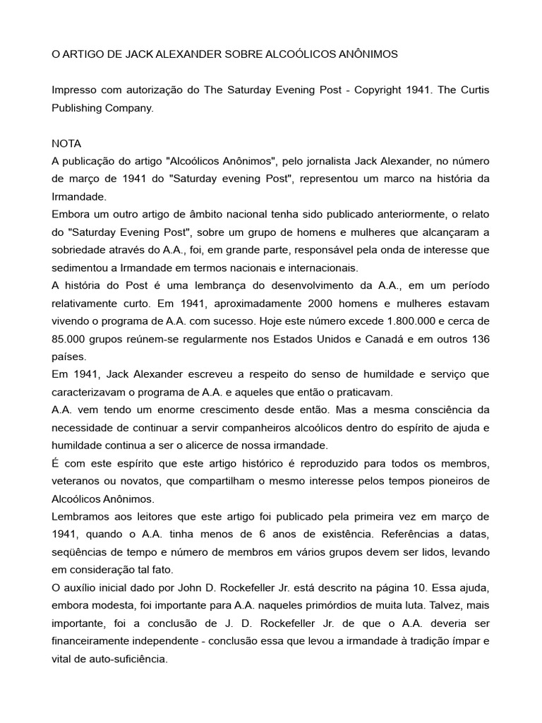 O Artigo de Jack Alexander Sobre Alcoólicos Anônimos | PDF | Alcoolismo ...