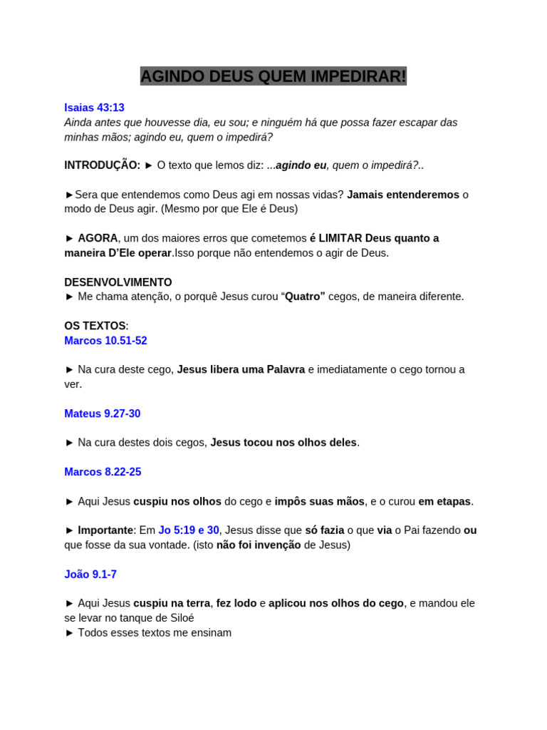 Agindo Deus: Quem o Impedirá? | PDF | Jesus | Deficiência visual