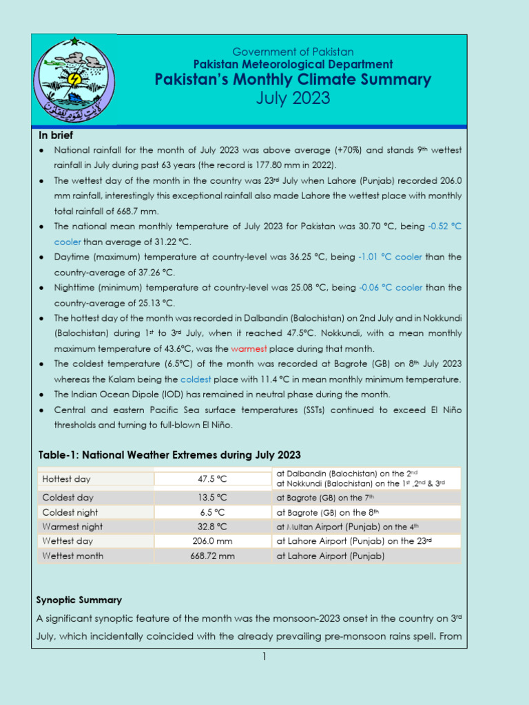Pakistan Monthly Climate Summary July 2023 | PDF | Climate | Physical ...