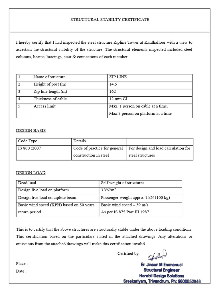 Stabilty Certificate Zipline Kanthalloor | PDF