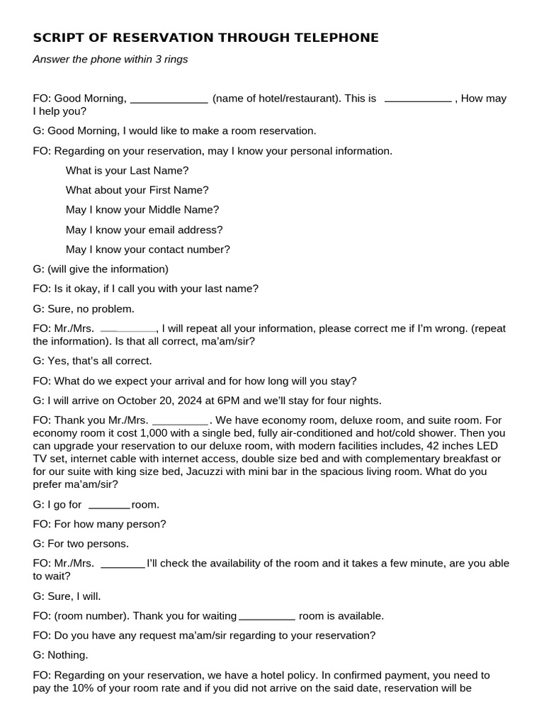 Telephone Hotel Reservation Script | PDF
