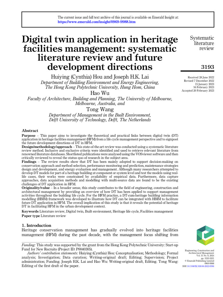Digital Twin Application in Heritage Facilities Management: Systematic ...