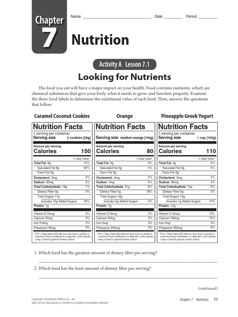 Activity+a+Lesson+7 1+Looking+for+Nutrients | PDF | Nutrition Facts ...