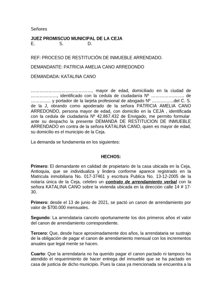 Demanda de Restitución de Inmueble Arrendado | PDF | Derecho