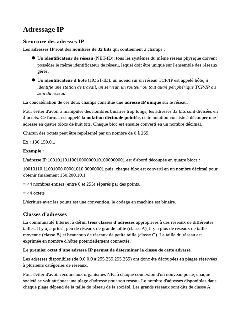 Comprendre les adresses IP et leurs classes | PDF | Adresse IP ...