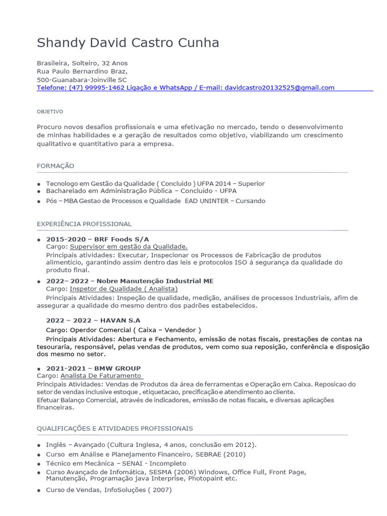 Currículo de Shandy David Cunha | PDF