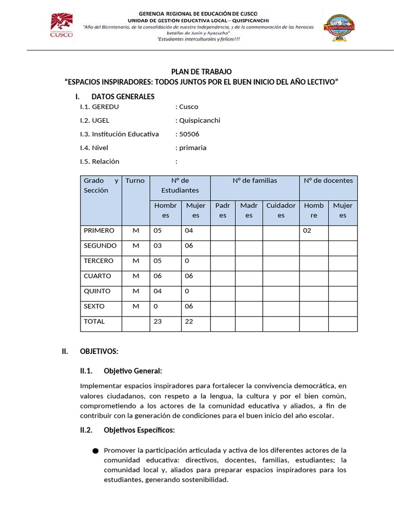 Plan de Trabajo para El Buen Inicio Del Año Escolar | PDF | Las ...