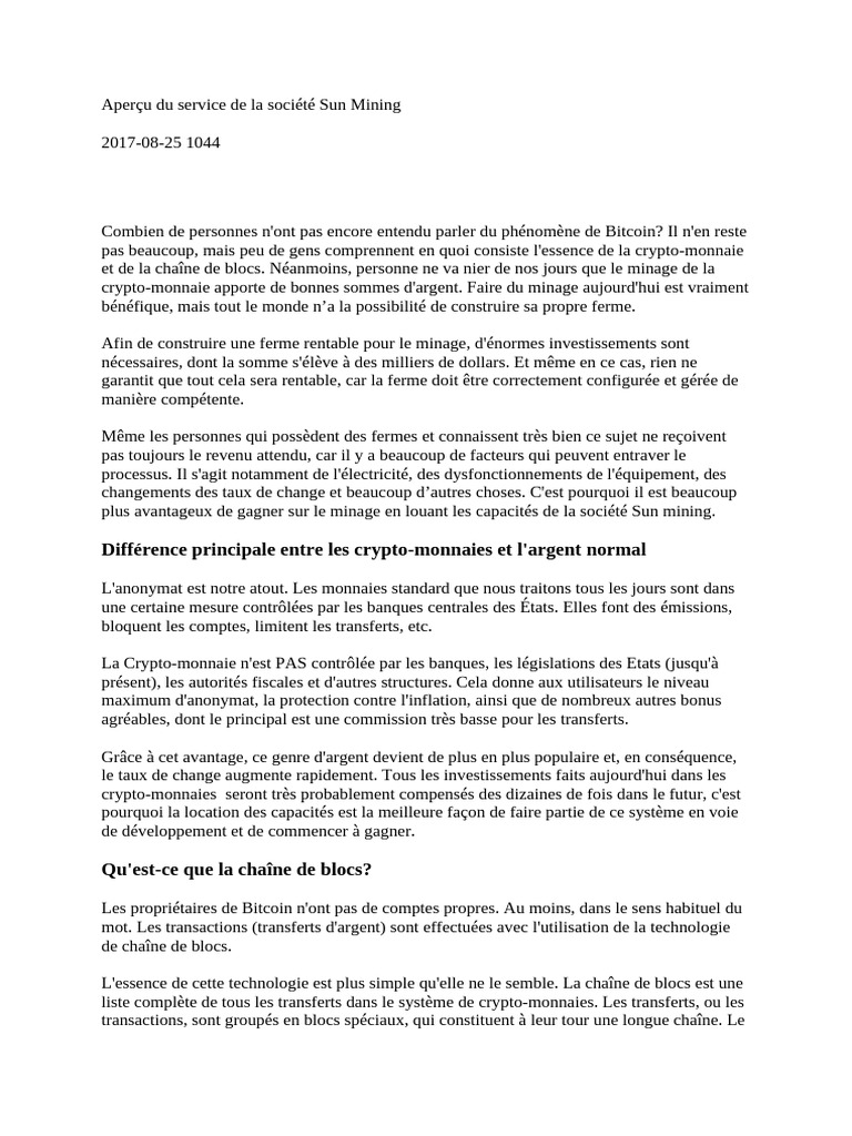 Aperçu Du Service de La Société Sun Mining | PDF | Crytomonnaies | Bitcoin