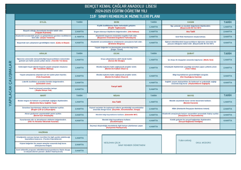 2024 2025 11. Sinif Rehberlik Plani | PDF