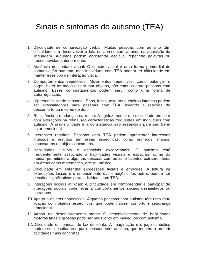 Sinais e Sintomas do Autismo (TEA) | PDF | Espectro do autismo | Emoções