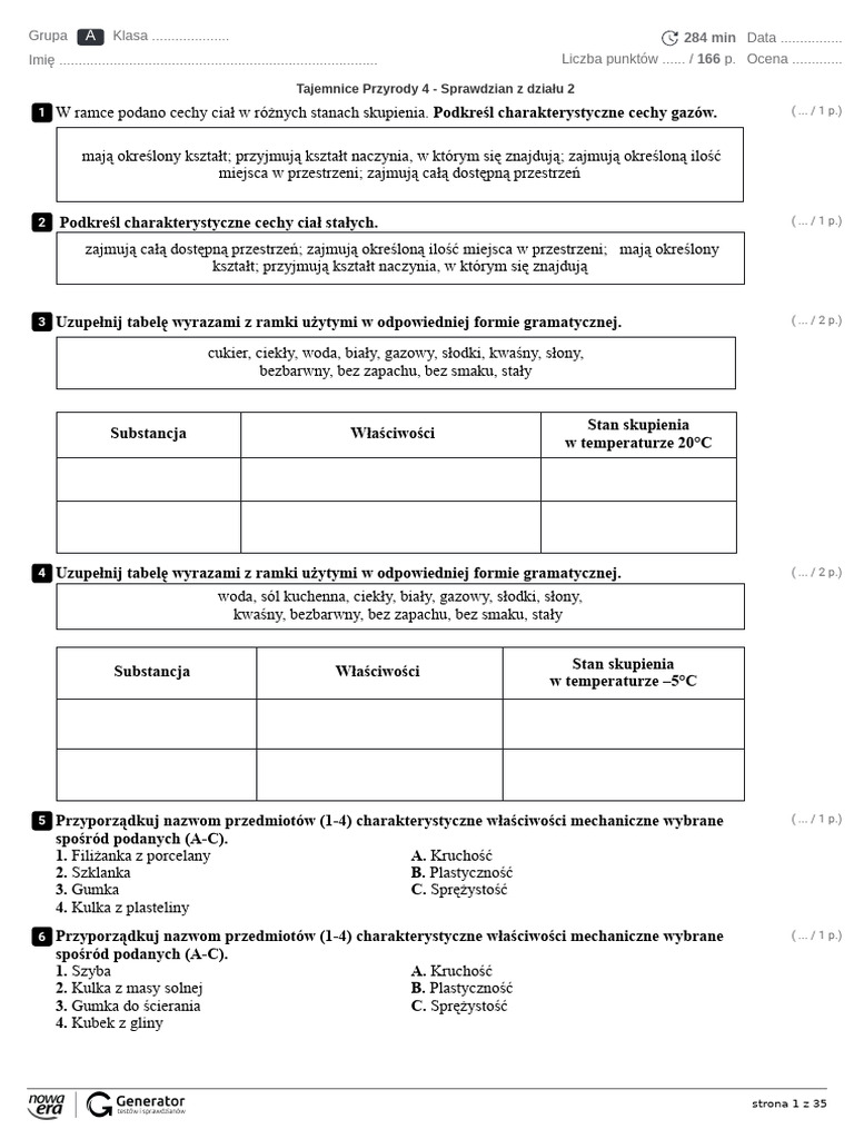 Test Z Przyrody Kl 4 Dział 5 Tajemnice Przyrody 4 - Sprawdzian Z Działu 2 Test - Ekowydruk | PDF