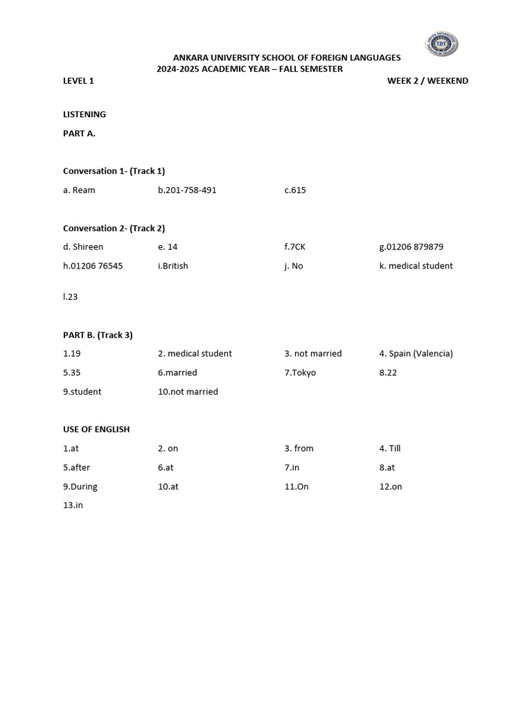 Weekend Handout - Listening and Grammar-Key | PDF