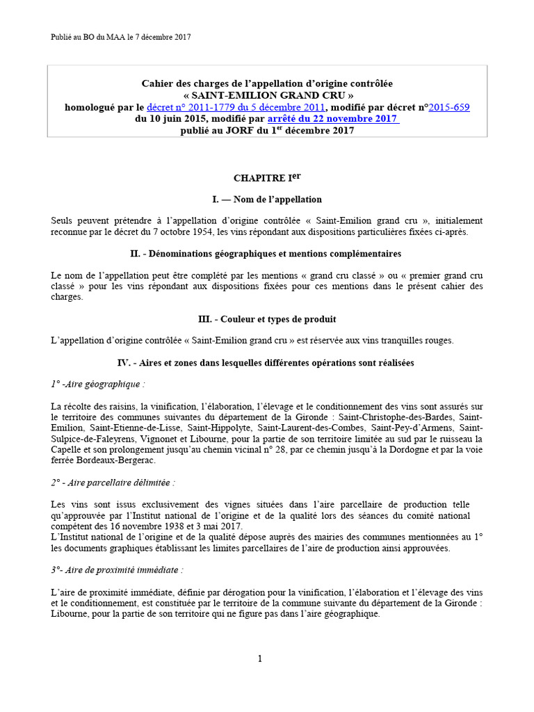 Cahier des charges AOC Saint-Emilion Grand Cru | PDF | Vins | Rendement ...