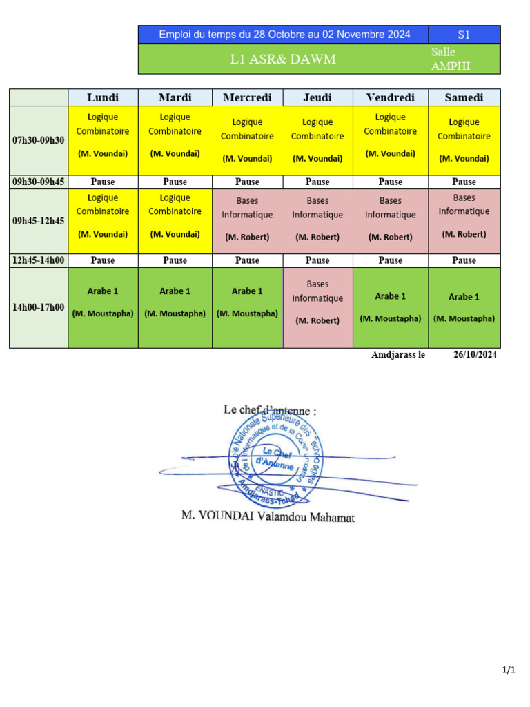 Emploi du temps S1 : 28 Oct-02 Nov 2024 | PDF