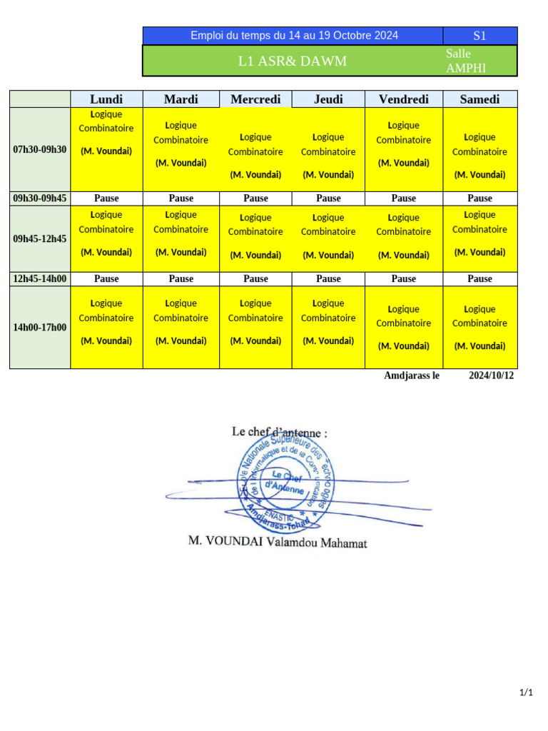 Emploi du temps du 14 au 19 Octobre 2024 | PDF