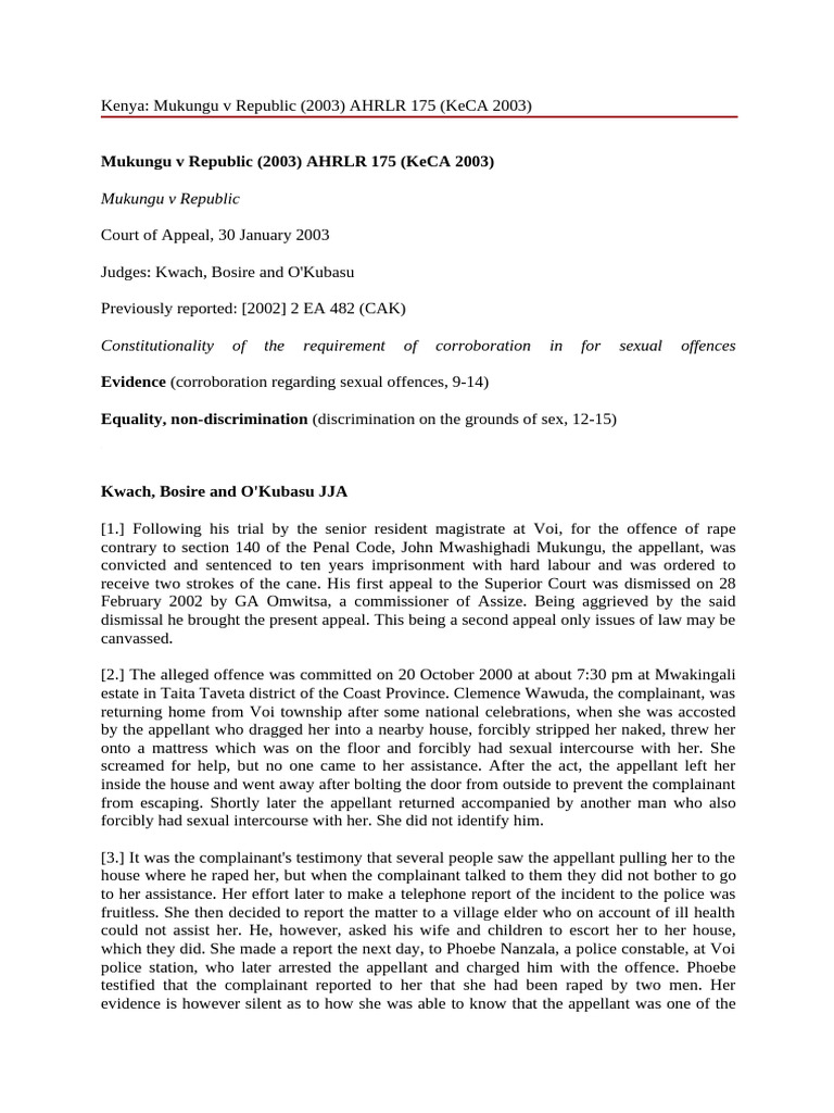 Mukungu v Republic: Corroboration in Rape Cases | PDF | Appeal | Rape