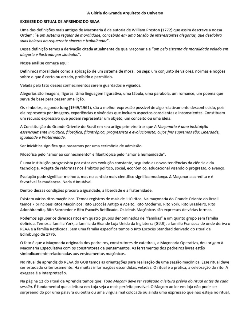 Exegese Do Ritual de Aprendiz Do Reaa | PDF | Loja Maçônica | Maçonaria