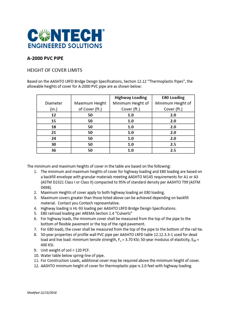 A-2000 PVC Pipe Cover Height Limits | PDF | Pipe (Fluid Conveyance ...