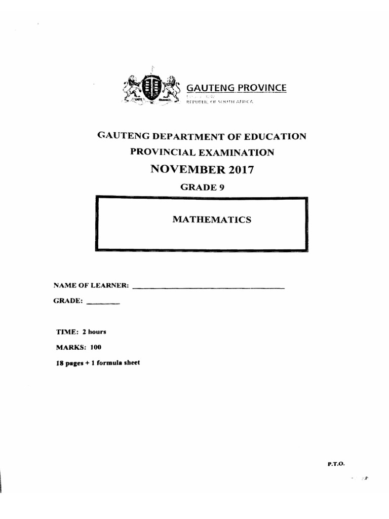 2017 Grade 9 Maths Final Exam GP | PDF