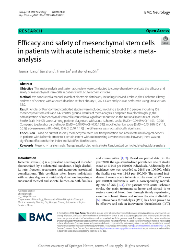 Efficacy and Safety of Mesenchymal Stem Cells in P | PDF | Stroke ...