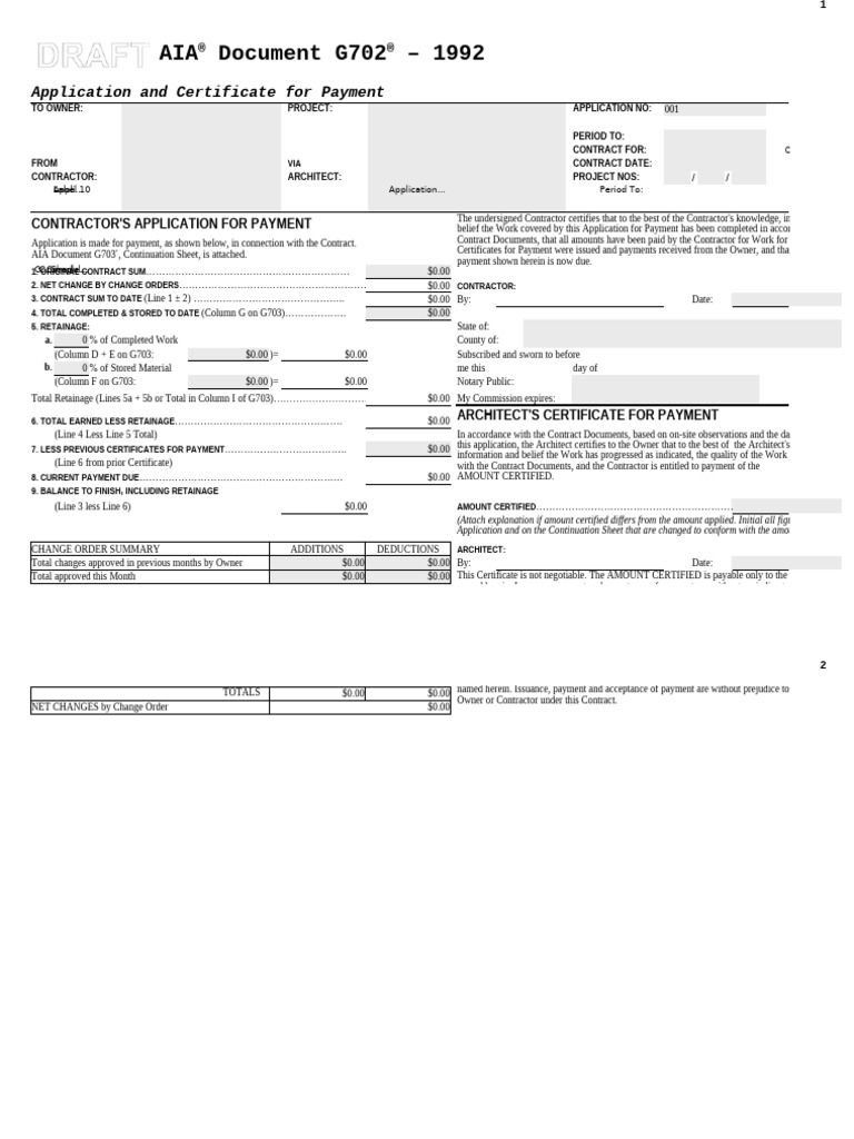 G702-1992 - Form Draft - 001 | PDF | Architect | Business Law for Free Printable Aia Forms G702