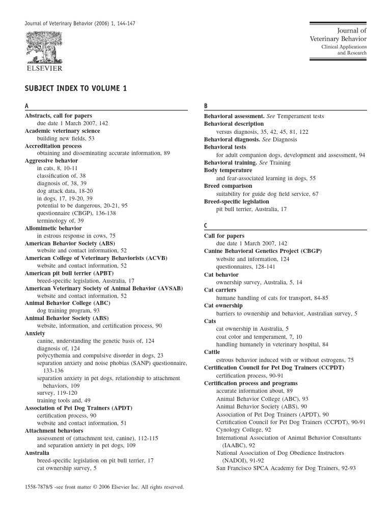Subject Index To Volume 1 - 2006 - Journal of Veterinary Behavior | PDF ...