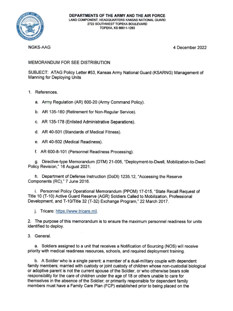 Kansas Army National Guard (KSARNG) Management of Manning For Deploying ...