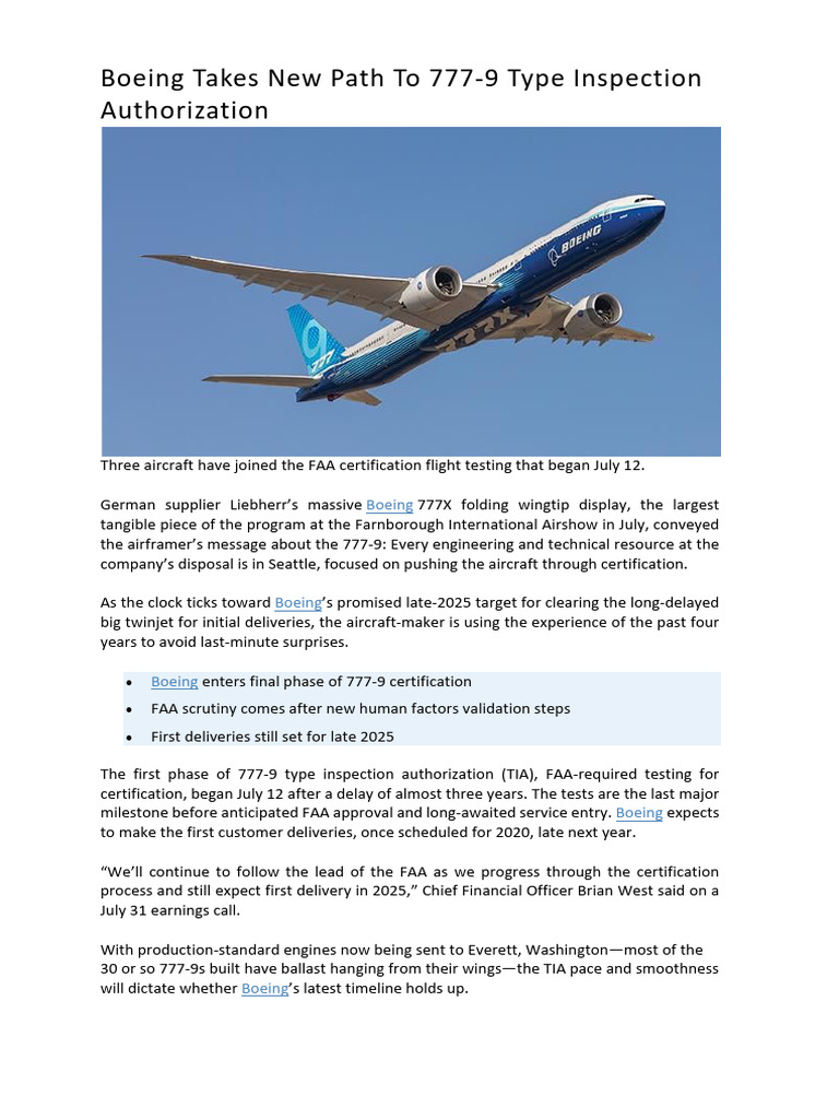 Boeing 777-9 Certification Update 2023 | PDF | Federal Aviation ...