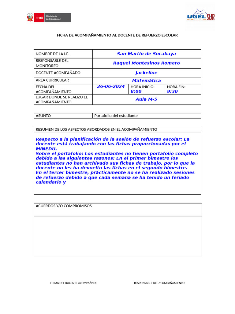 Ficha de Acompañamiento Al Docente de Refuerzo Escolar -Mat | PDF