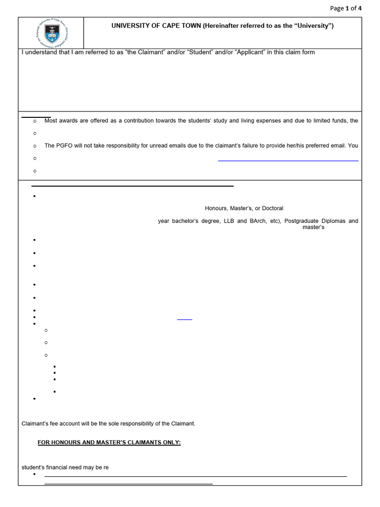 UCT 2024 Postgrad Funding Claim Form | PDF | Academic Degree | Doctor ...