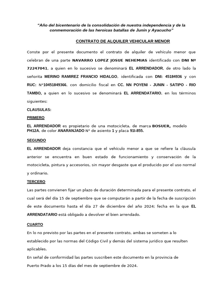 Contrato de Arrendamiento de Moto | PDF | Negocios | Finanzas y dinero