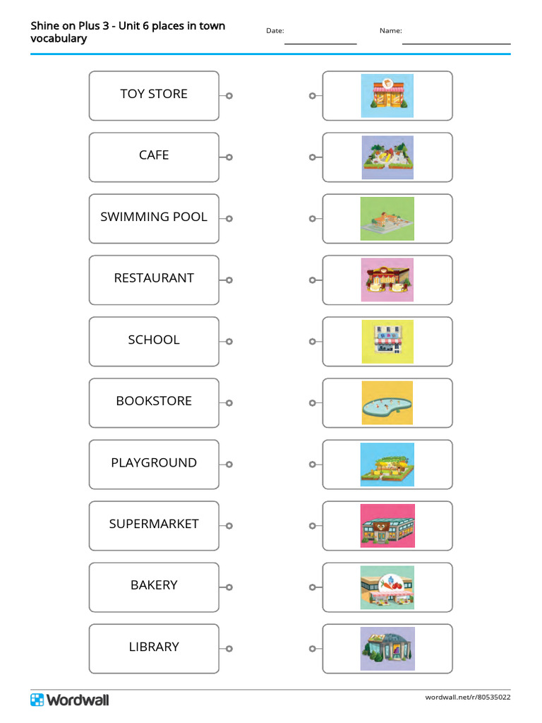 Shine On Plus 3 Unit 6 Places in Town Vocabulary Match Up Line Drawing ...