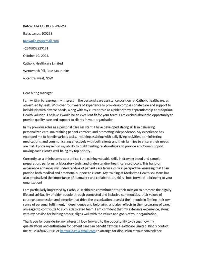 Personal Care Assistant Application Letter | PDF | Health Care | Psychology