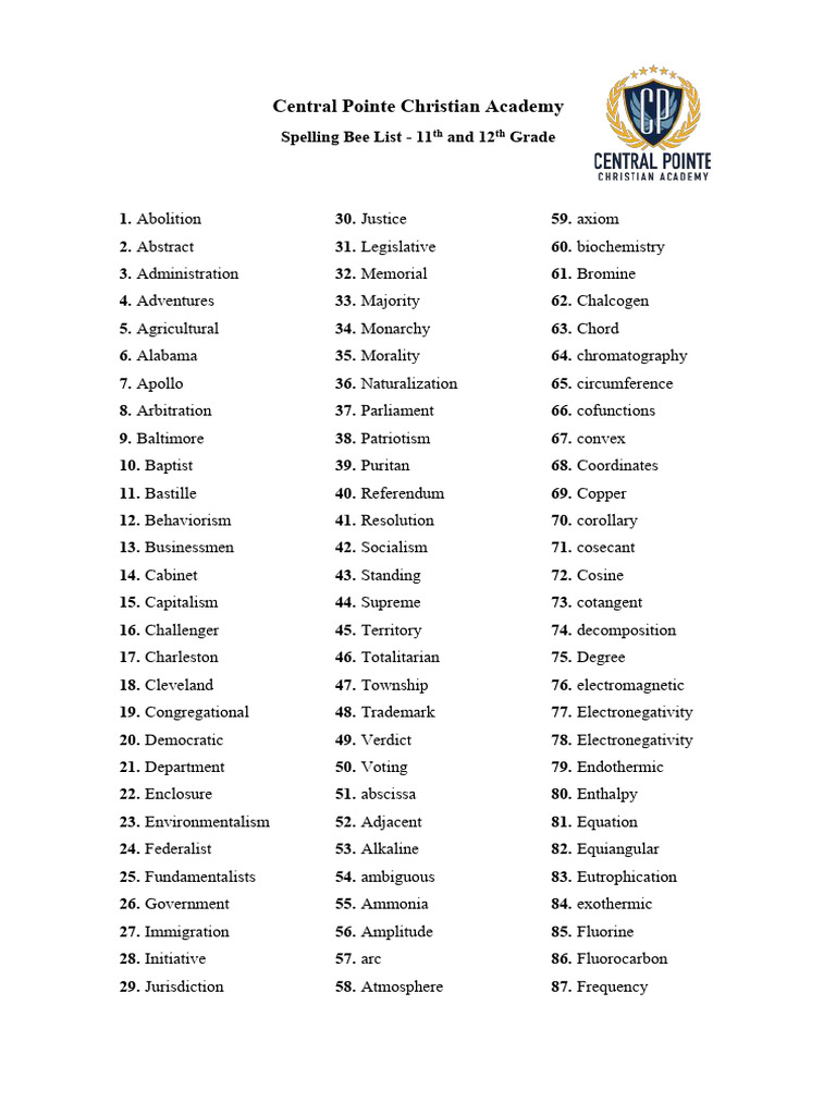 11th-12th Grade Spelling Bee List | PDF | Trigonometric Functions ...