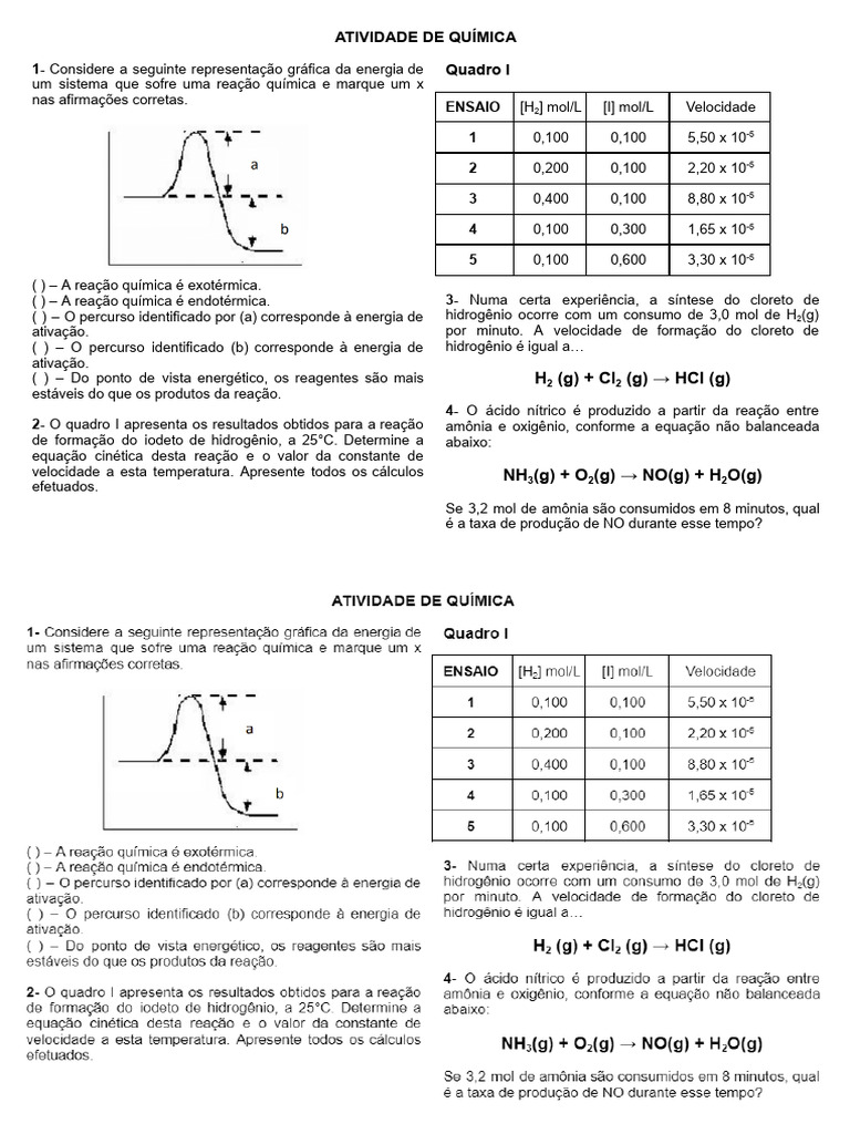 ATIVIDADE DE QUÍMICA - CINÉTICA QUÍMICA | PDF