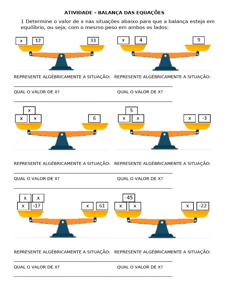 Atividade Com A Balança - Equação Do 1 Grau | PDF | Finanças e ...