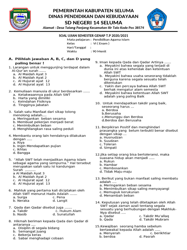 Soal Ujian Pai Kelas 6 Sd Pdf