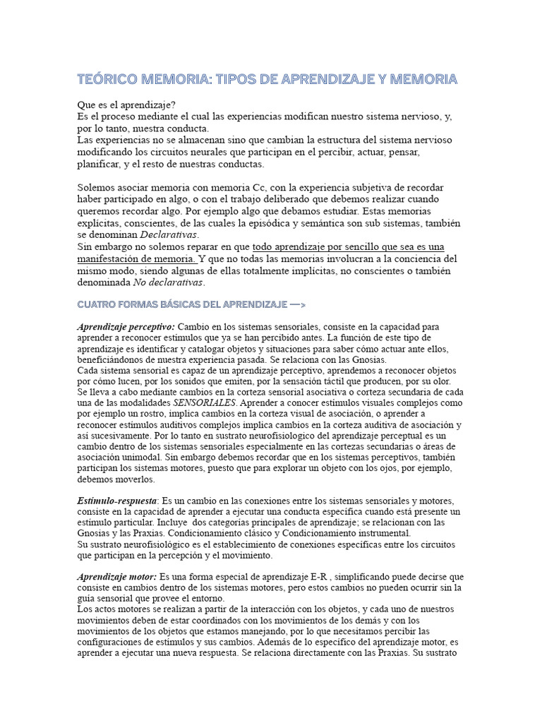 Tipos de Aprendizaje y Memoria | PDF | Memoria | Aprendizaje