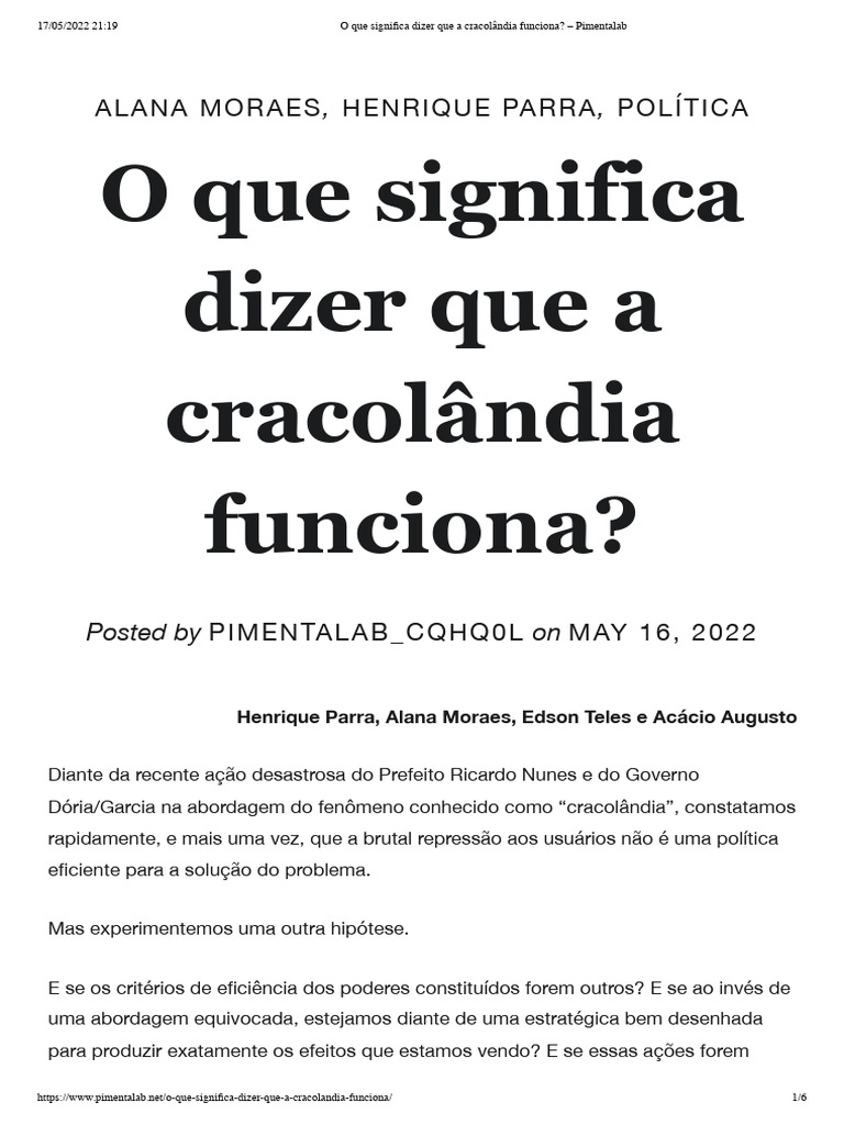 O Que Significa Dizer Que A Cracolândia Funciona | PDF | Economia | Drogas