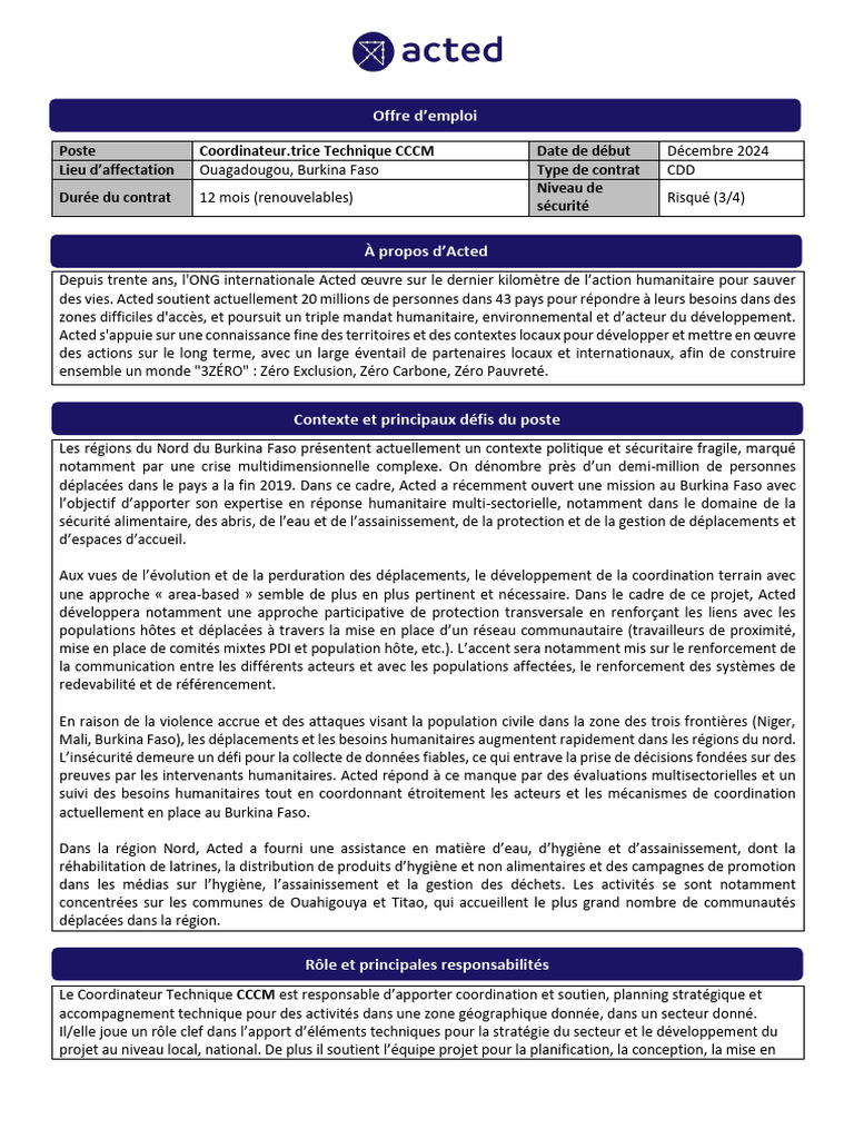 Coordinateur Technique CCCM à Ouagadougou | PDF | Assainissement ...